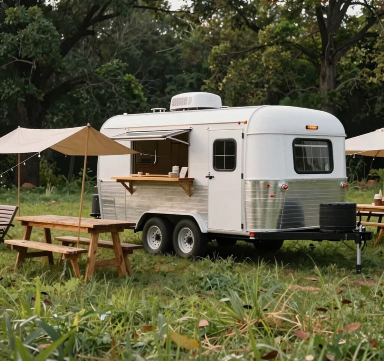 A custom rustic hospitality trailer parked beside a lush green field in Northwest Arkansas, with wooden tables and pop-up shelters set up under soft daytime light for a farmers' gathering.