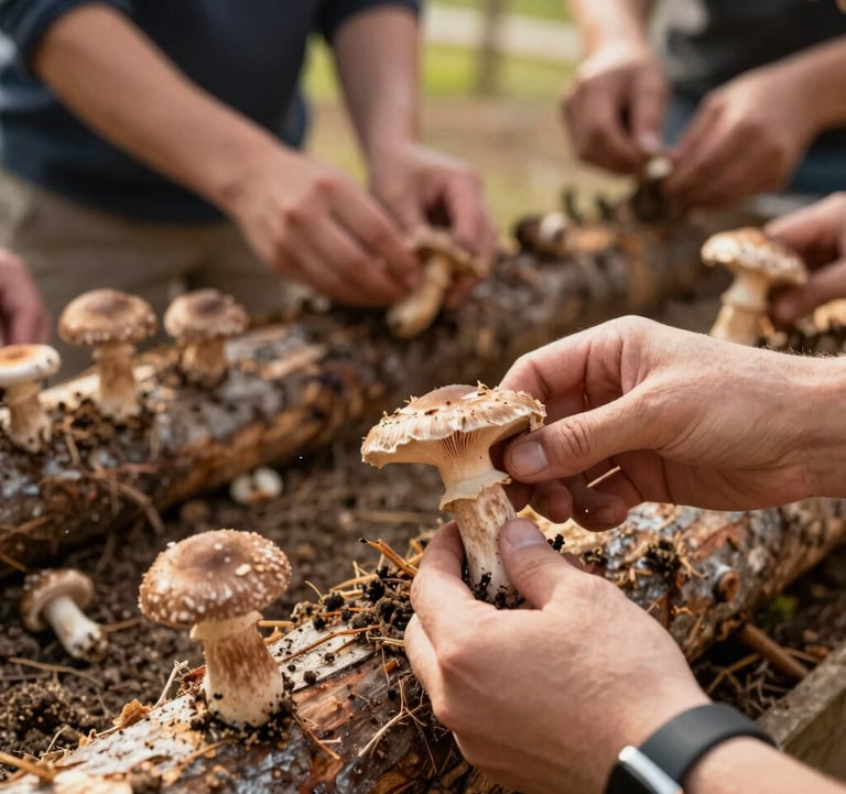 A vibrant close-up photograph of a hands-on mushroom cultivation workshop taking place outdoors on a community farm in North American / Northwest Arkansas. In the background, logs are being inoculated by community members. Earthy wooden textures, warm golden light.