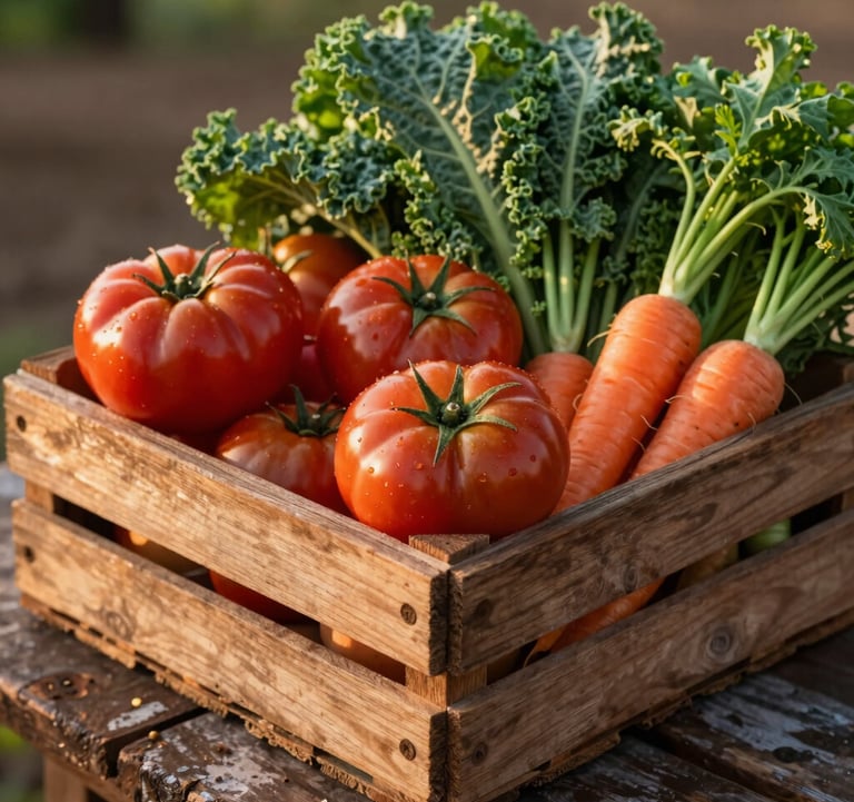 A close-up shot of a rustic wooden crate filled with freshly harvested local heirloom tomatoes, leafy green kale, and vibrant carrots, sitting on a weathered farm table in Northwest Arkansas. Warm golden hour sunlight accents the rich textures of the vegetables and the earthy brown wood.