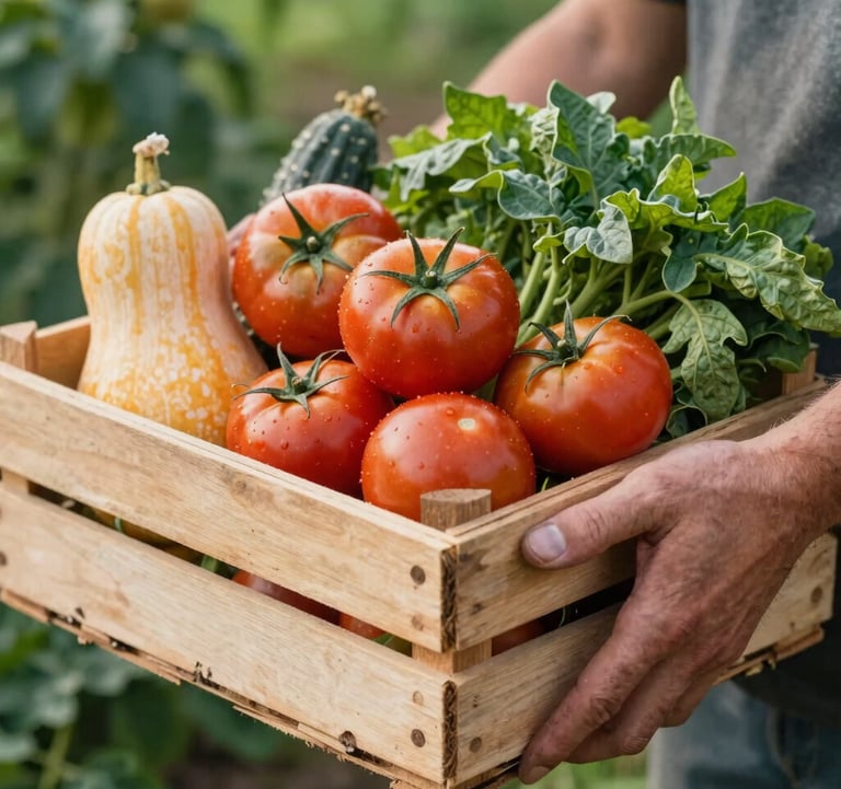 An intimate close-up photograph of hands holding a rustic wooden crate overflowing with fresh, vibrant North American / Northwest Arkansas produce like tomatoes and squash. The lighting is bright, natural morning daylight. The hands are soiled from gardening, reflecting honest work in a warm clay beige and deep leafy green setting.