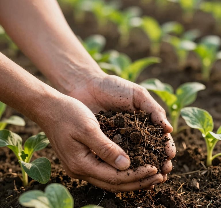 Close-up photograph of hands holding rich organic soil on a Northwest Arkansas farm, surrounded by vibrant green seedlings, natural warm afternoon sunlight.