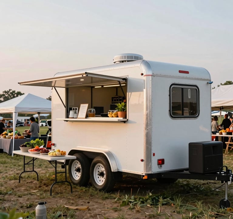 A high-quality photo of a custom mobile hospitality trailer parked at an organic North American / Northwest Arkansas farm. The trailer is surrounded by pop-up shelters, folding tables with fresh local food, and a small PA system. Soft evening daylight, welcoming and vibrant community farm setting.