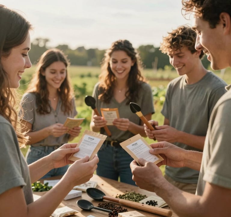 Community members happily exchanging handmade seed packets and sharing wooden garden tools in a sunny farmyard in Northwest Arkansas. Gentle, warm afternoon lighting with high-contrast organic textures.