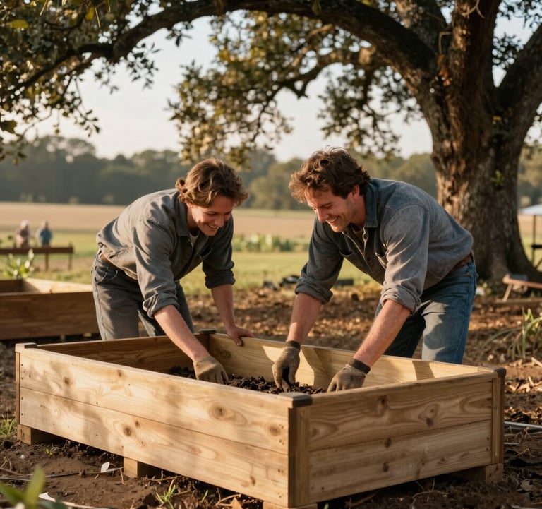 A candid medium shot of two people happily collaborating to assemble a wooden raised garden bed on a North American / Northwest Arkansas farm. They are smiling, dressed in practical farming clothes, working together under the soft shade of a large oak tree. Warm, friendly community energy with natural sun-gold highlights and rich soil brown tones.