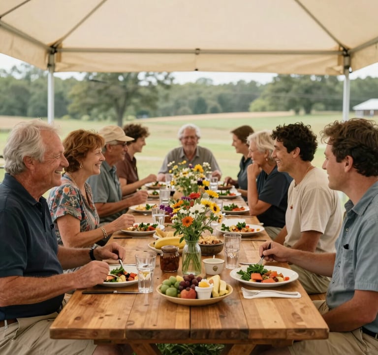 An inviting long wooden community table set up outdoors at a farm in Northwest Arkansas, decorated with wildflowers and plates of fresh farm food. People are gathered around, laughing and sharing a meal under a soft cream canopy, captured in warm, natural documentary-style photography.