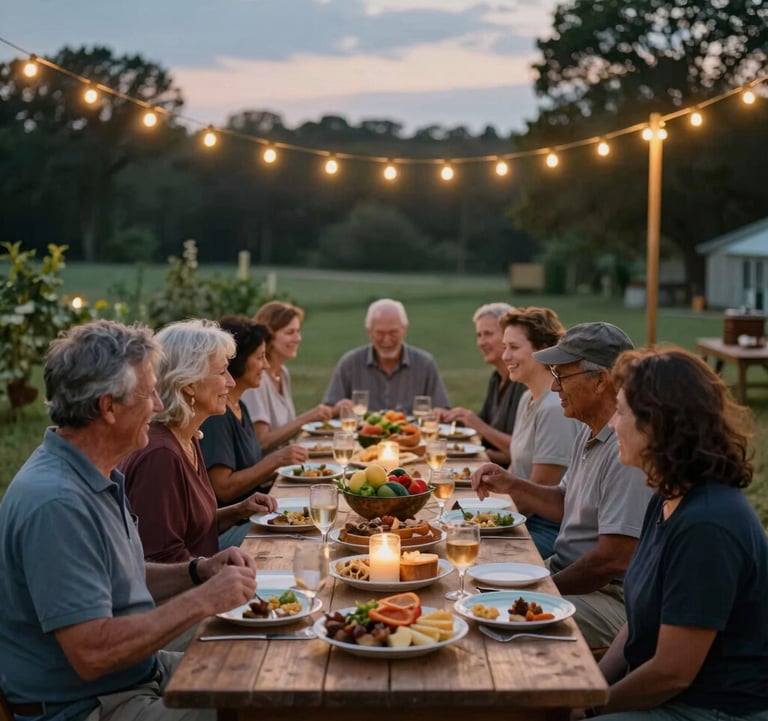 A cozy community outdoor long-table dinner at dusk on an organic farm in Northwest Arkansas, with warm string lights glowing softly overhead and smiling local community members sharing food.