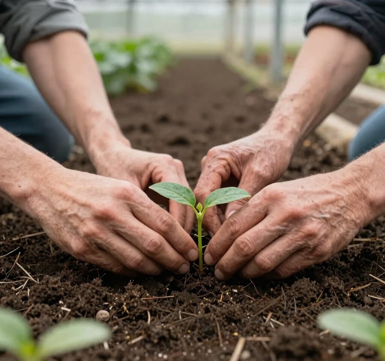 Two pairs of hands, one younger and one weathered with experience, working together to plant a delicate green seedling into rich, dark soil in a Northwest Arkansas greenhouse. Supportive community atmosphere, clean composition, soft ambient natural lighting.