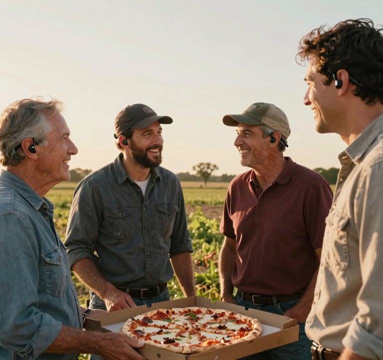 A candid photograph of diverse farmers wearing real-time translation earbuds, chatting and laughing together over pizza in an open field. Warm evening sunshine, North American / Northwest Arkansas farm background, natural rustic tones, high contrast.