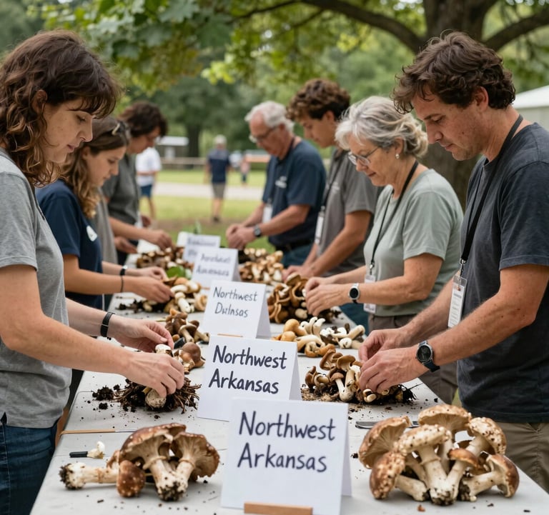 An outdoor workshop table with various wild and cultivated mushrooms, hand-written signs, and enthusiastic community members learning about cultivation under a green tree canopy in Northwest Arkansas.