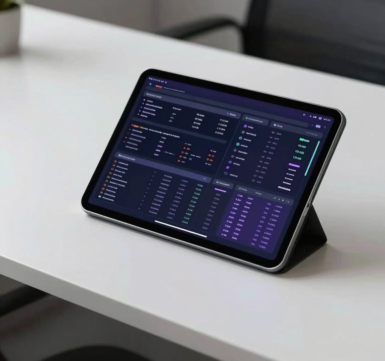 A minimalist North American office setting with a tablet on a clean white desk. The screen displays a complex data dashboard with soft purple highlights, reflecting a professional and reliable tech environment.