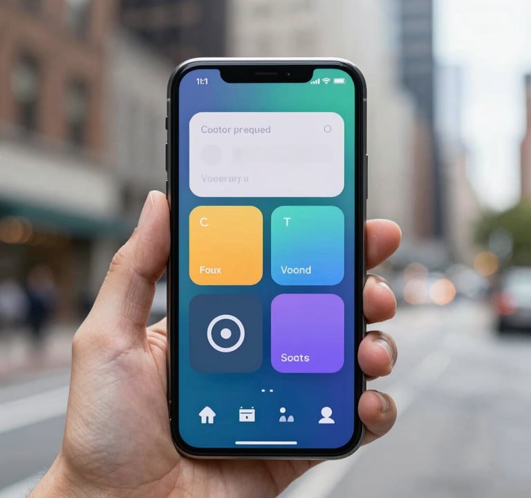 A sleek smartphone held in a hand against a blurred urban backdrop in the US, showing a vibrant and modern mobile application interface. The lighting is natural and crisp.