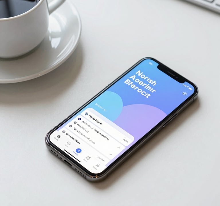A top-down shot of a smartphone lying on a clean white desk next to a cup of coffee. The screen shows a vibrant, modern mobile app interface with light blue and lavender branding. North American professional workspace setting.