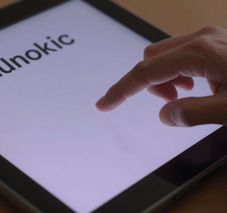 A close-up shot of a human hand using a touch screen on a modern piece of digital equipment. The screen reflects soft lavender light and displays clean, modern typography and graphics.