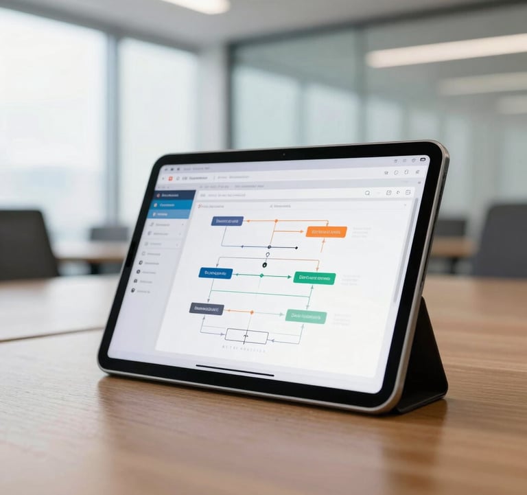 An tablet device propped up on a conference table in a modern US tech office, displaying a detailed application flowchart. The background is a brightly lit, professional meeting space.
