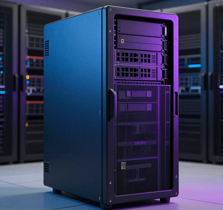 A professional architectural photograph of a sleek server tower in a clean, modern data center. The lighting is futuristic, featuring a mix of deep blue and vibrant lavender accents.