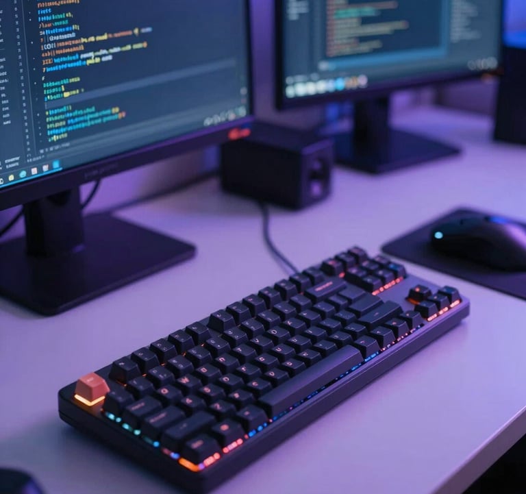 A close-up photograph of a professional developer workspace in a North American office. A backlit mechanical keyboard and a clean desk with a blurred monitor showing complex code are visible. The mood is focused and innovative with deep blue and lavender lighting.