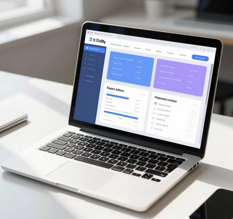 A close-up of a modern laptop on a white desk in a sunlit North American office, displaying a clean and sophisticated web dashboard with light blue and lavender UI elements. The lighting is bright and professional.