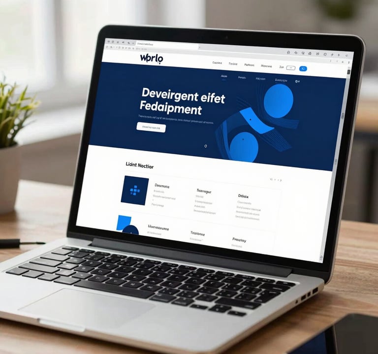 A close-up of a modern laptop screen in a bright, professional US studio workspace. The screen displays a clean, innovative web development project with navy blue and sky blue color palettes.