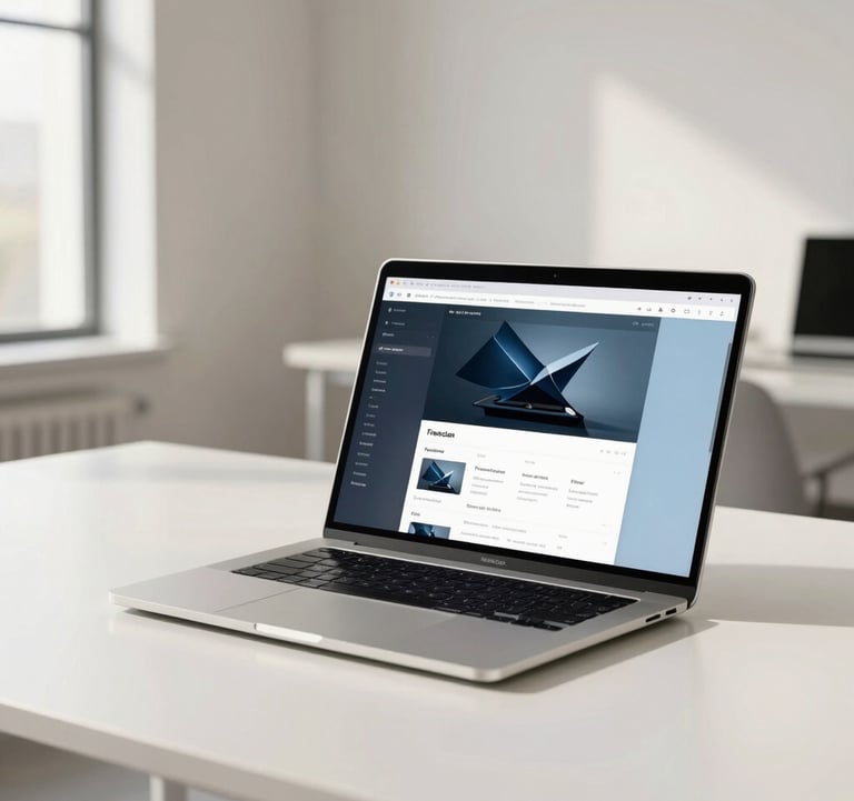 A minimalist photography shot of a sleek laptop resting on a white table in a sunny North American loft office. The screen shows a modern web development interface. The background is clean and professional with off-white and light blue tones.