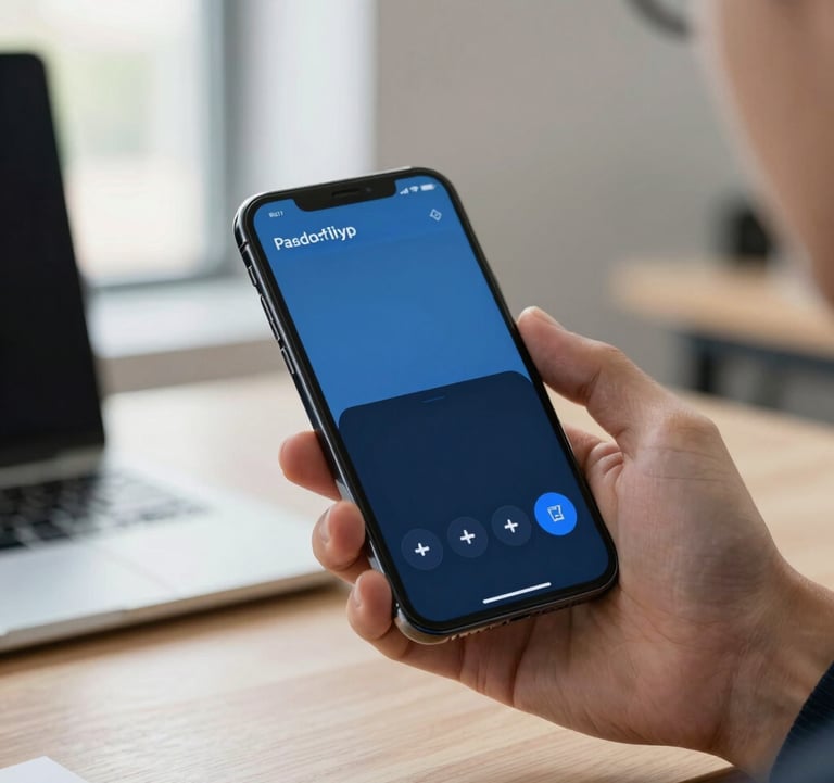 A professional in a North American workspace holding a smartphone, showcasing a sophisticated mobile application interface with steel blue and navy blue accents. Natural window light.