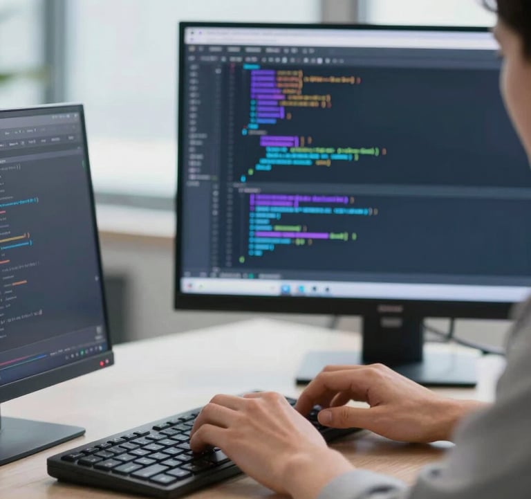 A close-up photograph of a professional developer in a bright North American office, hands typing on a sleek keyboard. On the screen, colorful lines of clean code in light blue and lavender hues are visible. Soft daylight lighting.
