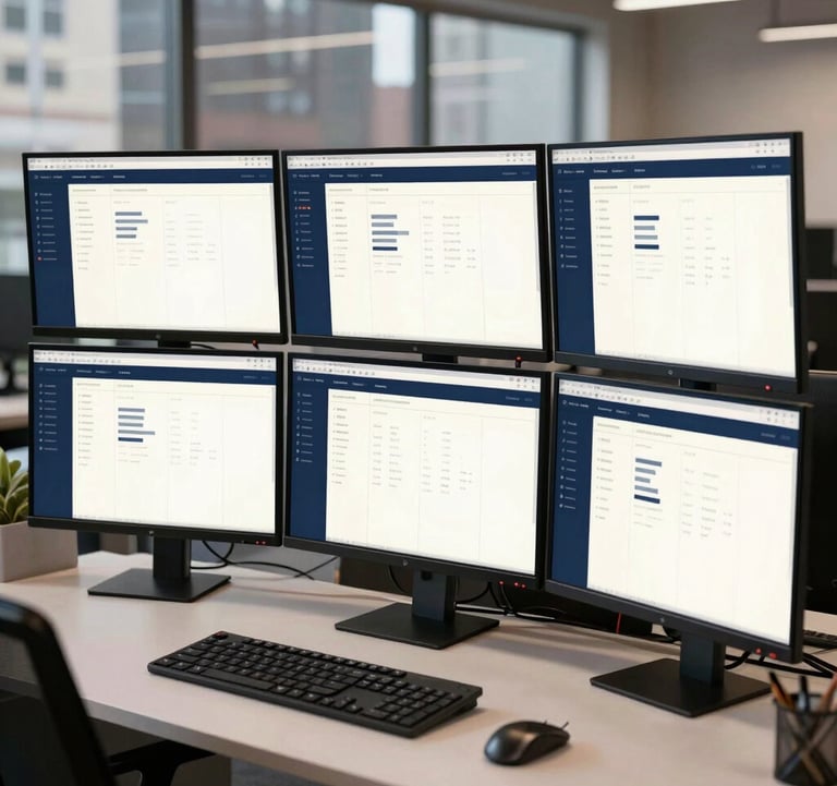A wide photography shot of a multi-monitor workstation in a creative office space. The screens show a complex web application dashboard with elegant dark blue and off-white styling. North American urban office context.