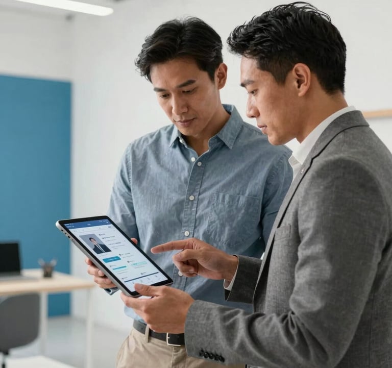 Photography of two North American professionals in smart-casual attire collaborating in a bright, modern studio. They are looking at a sleek tablet displaying a mobile app prototype. The environment is minimalist with medium blue accents.
