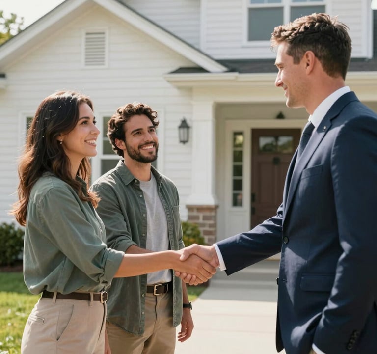 A bright, professional photograph of a North American couple shaking hands with a realtor outside a contemporary home with off-white siding. The atmosphere is trustworthy and professional, set in a sunny suburban neighborhood.