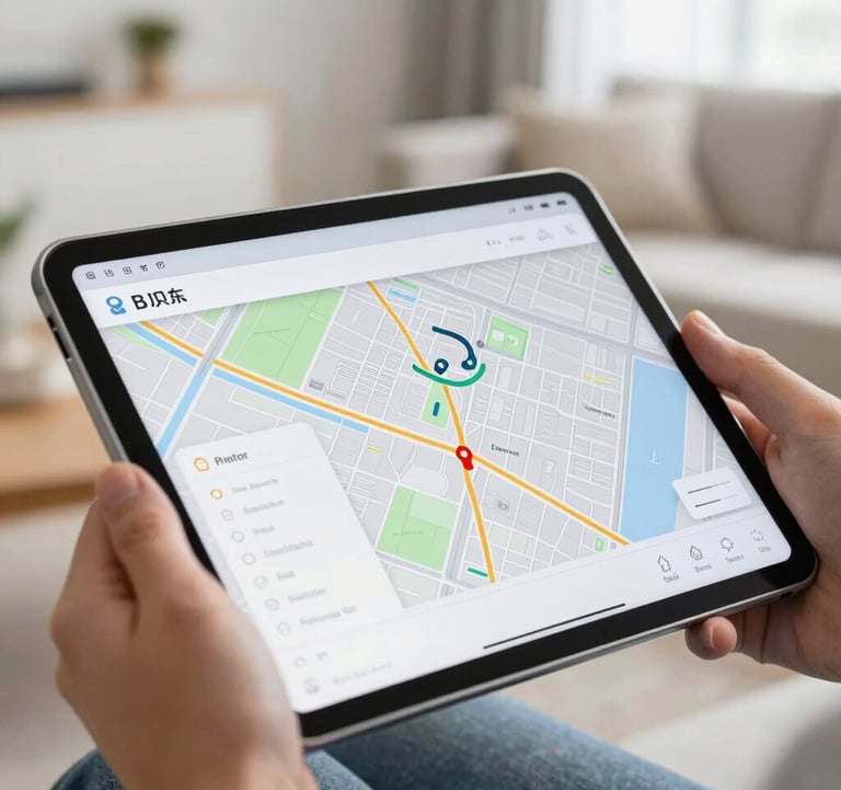 Close-up of a person's hands using a tablet in a bright, modern North American living room, focusing on a property map search with clean UI-like clarity.