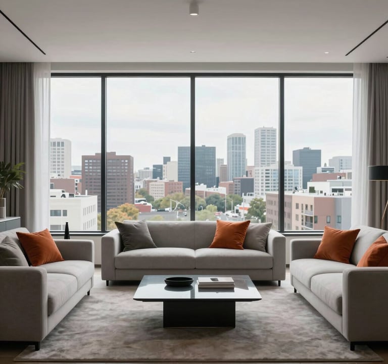 A minimalist interior photography of a luxury modern living room with large floor-to-ceiling windows overlooking a North American urban landscape. The room is styled with light gray furniture and orange accents, emphasizing a clean and sleek aesthetic.