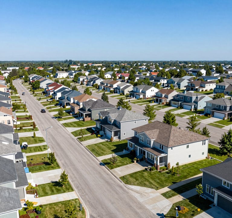 An aerial drone shot of a modern North American residential neighborhood with clean streets, manicured green lawns, and contemporary house designs under a clear blue sky.