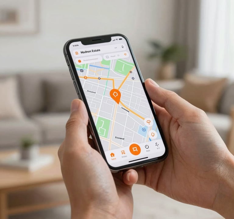 Close-up of hands using a smartphone in a bright, modern North American living room. The screen displays a map-based real estate search interface with orange icons. The background is a clean, technology-driven domestic setting.