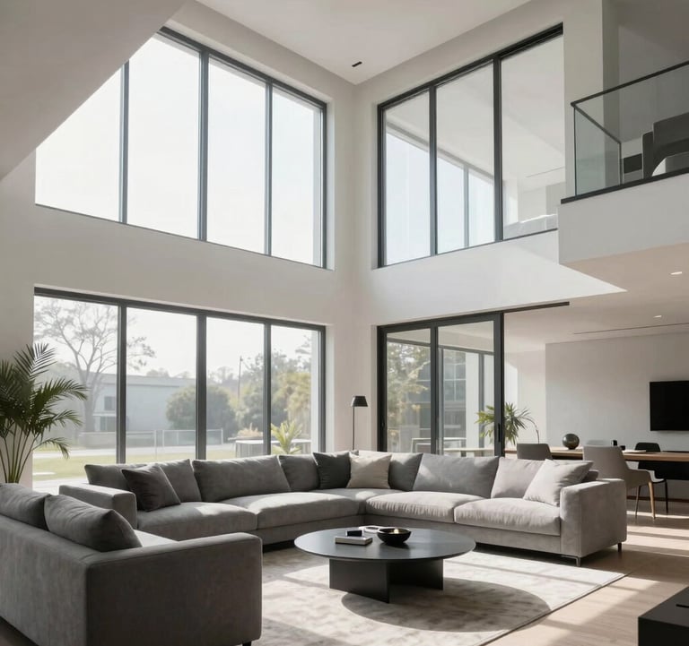 A crisp, bright interior photograph of a modern North American living room with high ceilings, large windows, and minimalist grey furniture. Soft morning light creates a clean, tech-forward aesthetic.