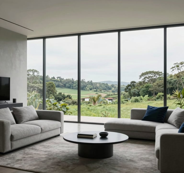A minimalist living room with floor-to-ceiling windows overlooking a green landscape, featuring furniture in light grey and navy tones.
