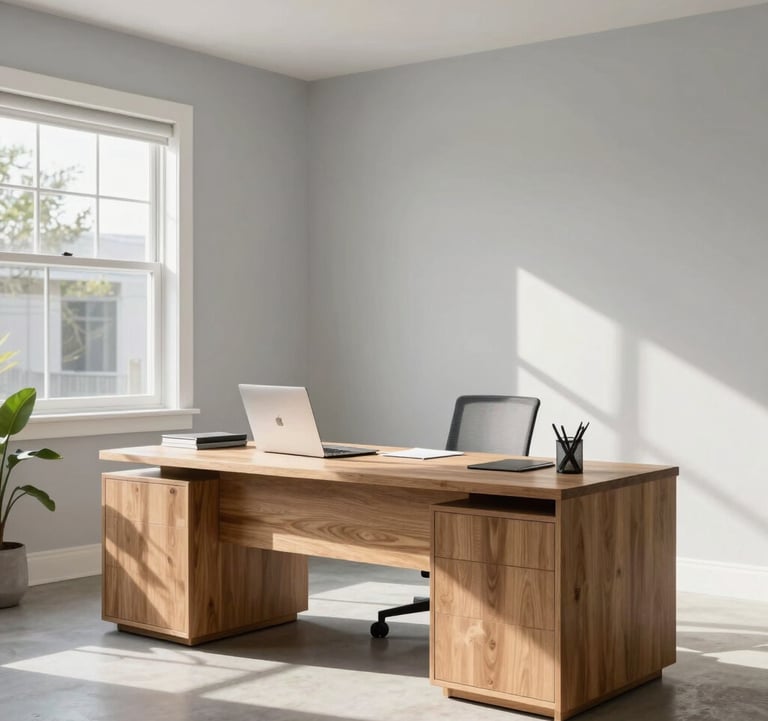 A sun-drenched professional home office in a North American suburb with clean lines, light grey walls, and minimalist wooden furniture.