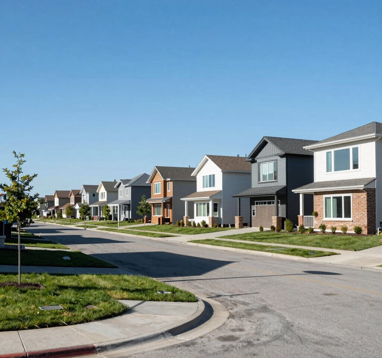 A wide shot of a modern North American neighborhood street with manicured lawns and contemporary house designs under a bright, clear blue sky.