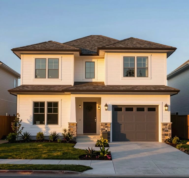 A sharp, vibrant photograph of a contemporary suburban house exterior in North America during the golden hour. The design features clean lines, white space, and professional landscaping, illuminated by warm orange sunset light.