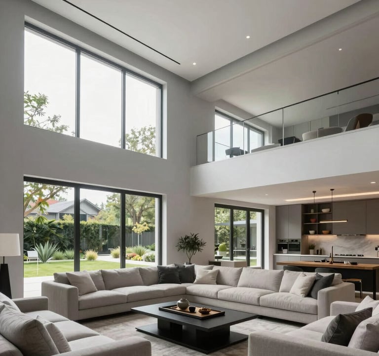 Professional architectural photography of a modern North American living room featuring high ceilings, light grey walls, and minimalist furniture. Large windows show a manicured garden outside, emphasizing a premium lifestyle.