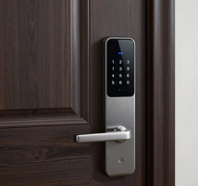 Detail shot of a modern smart home security keypad and door handle on a stylish dark wood front door in a North American setting.