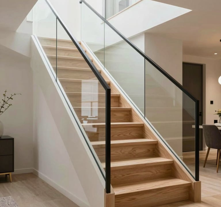 A sleek architectural detail of a modern staircase with glass railings and light wood steps in a bright North American home.