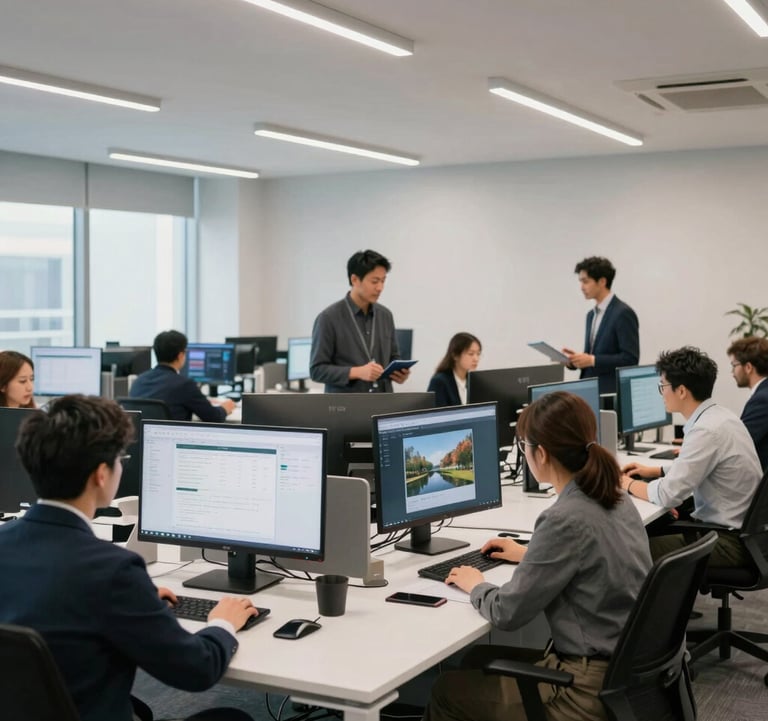 A professional wide shot of a modern real estate tech office in North America. People are collaborating at sleek desks with large monitors displaying property data. The atmosphere is technology-driven, clean, and professional.