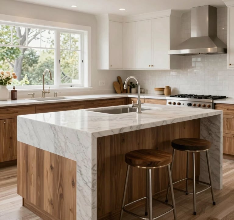 A professional real estate photograph of a luxury kitchen island featuring white marble countertops and elegant wood accents. The lighting is bright and natural, typical of a high-end North American home.