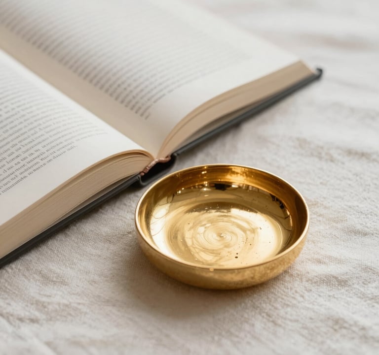 A still life photograph featuring an open book and a small gold jewelry dish on a soft off-white linen surface. The atmosphere is calm and elegant, representing focus and self-care in a South American / Brazilian aesthetic.