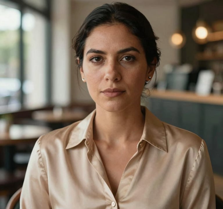 A close-up portrait of a serene South American / Brazilian woman in her late 30s. She wears an elegant warm beige silk blouse and looks directly at the camera with a look of newfound clarity. The background is a blurred, high-end cafe with soft morning light.