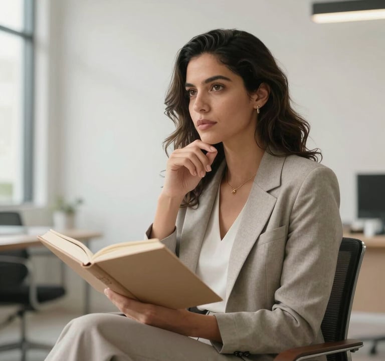 A sophisticated South American / Brazilian woman sitting thoughtfully in a bright, modern office space with minimalist decor. She is holding an open book, looking inspired. Natural lighting, colors dominated by warm greyish beige and soft off-white.