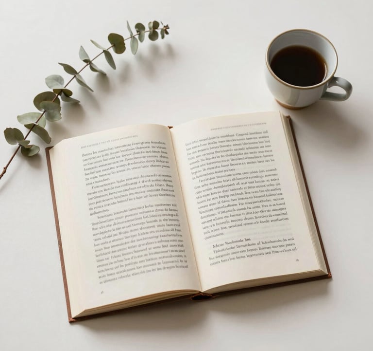A flat lay photography of an open book on a clean soft off-white table, accompanied by a small porcelain cup and a sprig of dried eucalyptus. The mood is calm and premium, reflecting deep intellectual transformation.