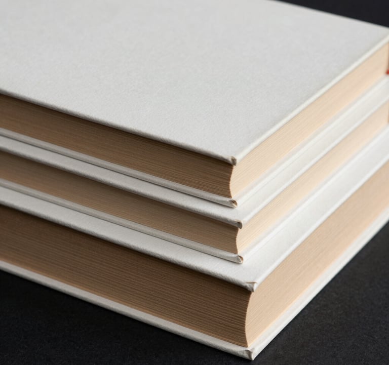 Close-up of a stack of hardcover books with clean, minimalist covers in soft off-white and muted golden tan tones, arranged on a deep charcoal black surface. High-fashion editorial photography style in a South American / Brazilian setting.