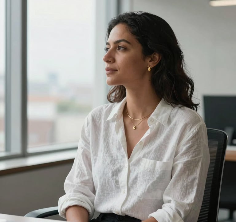 Portrait of a South American / Brazilian woman sitting in a modern office, looking out a window with an expression of peace and power. She wears subtle gold jewelry and a white linen shirt. Soft shadows and high-end aesthetic.