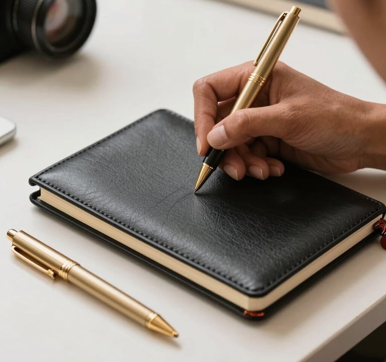 Close-up of a professional South American / Brazilian woman's hand writing in a leather soft black notebook on a clean off-white desk. A golden tan pen rests nearby. High-quality editorial style.