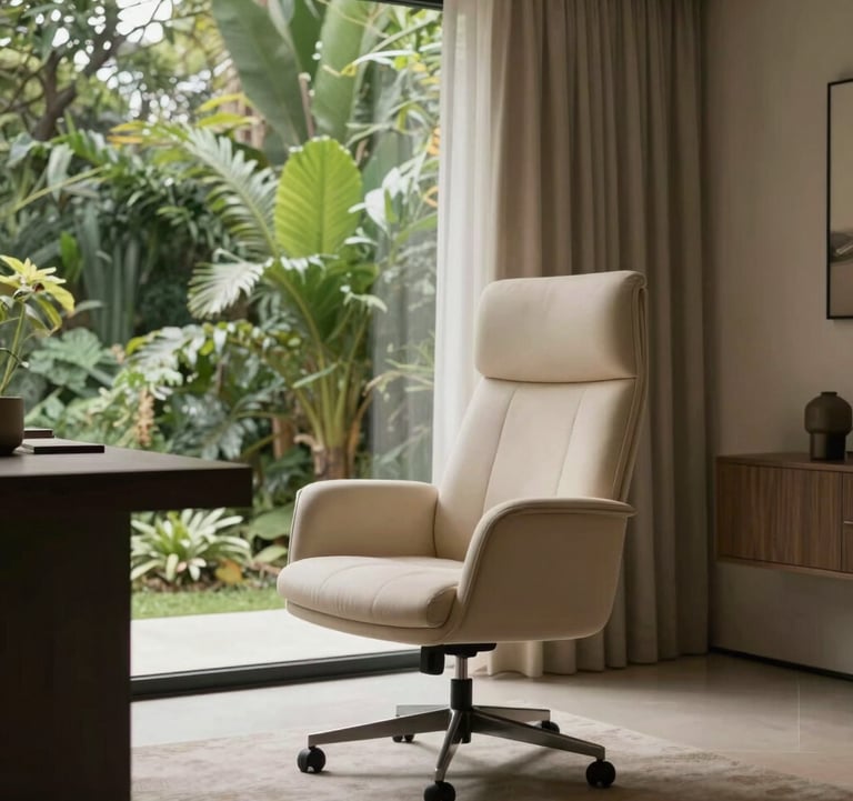 A minimalist and sophisticated interior of a South American / Brazilian home office with a single high-end chair, a large window showing lush greenery, and soft warm taupe curtains. Cinematic, soft lighting.